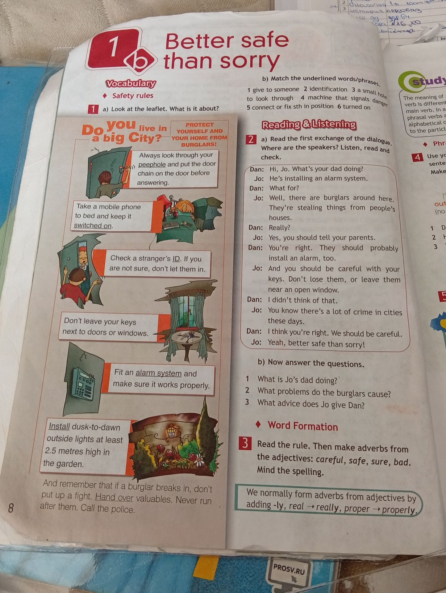 Фото задания: 1b) Match the underlined words/phrases. 1 give to someone 2 identification 3 a small hole to look through 4 machine that…