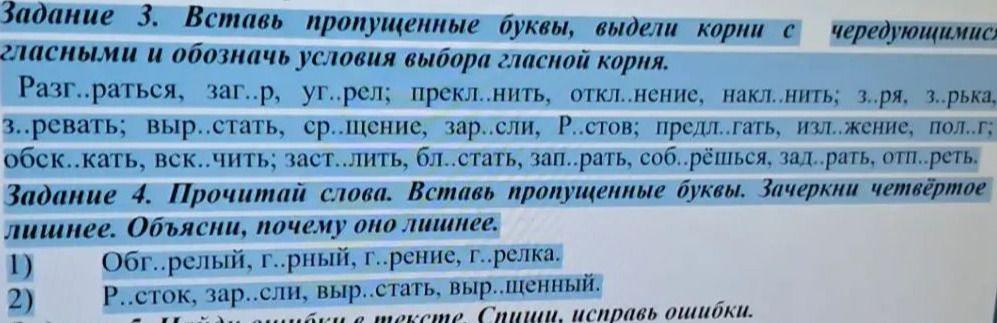 Фото задания: Задание 4. Прочитай слова. Вставь пропущенные буквы. Зачеркни четвёртое лишнее. Объясни, почему оно лишнее. 1) Обг..релый,…
