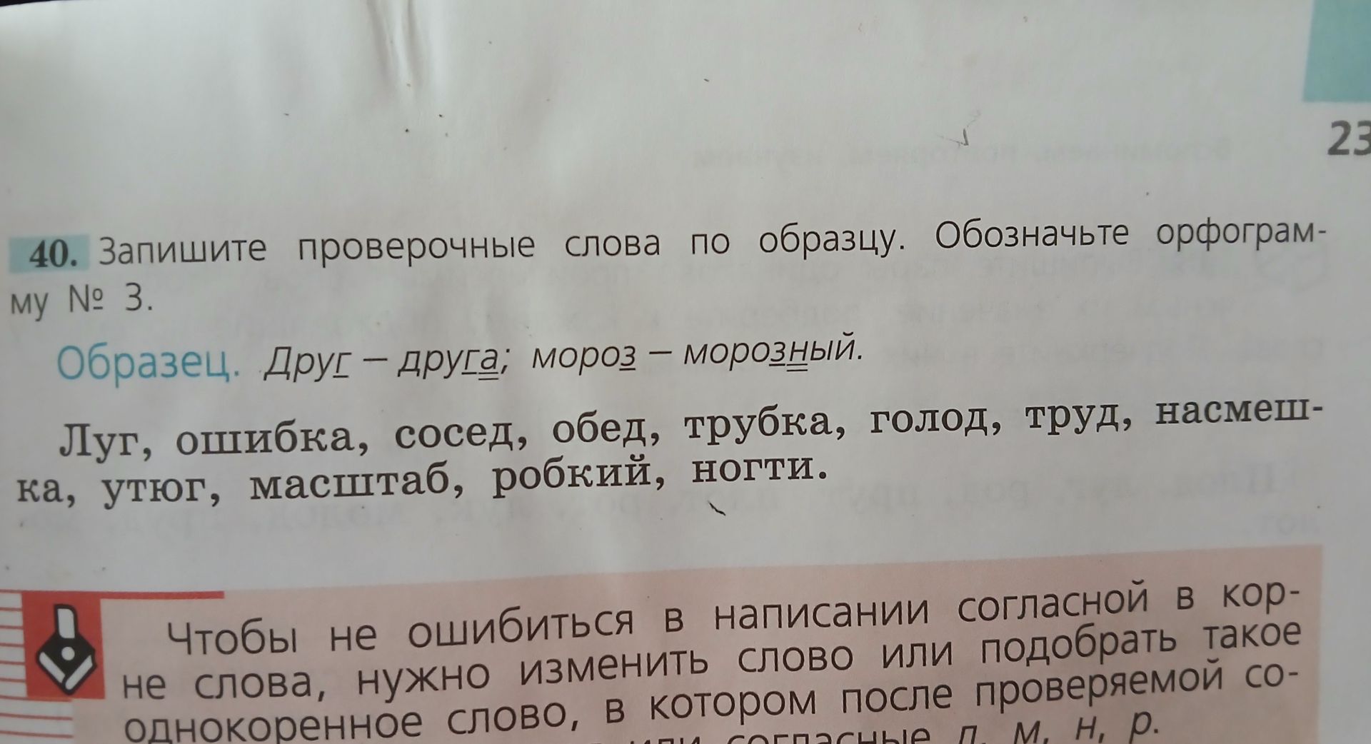 Фото задания: 40. Запишите проверочные слова по образцу. Обозначьте орфограмму № 3. Луг, ошибка, сосед, обед, трубка, голод, труд, грудь,…