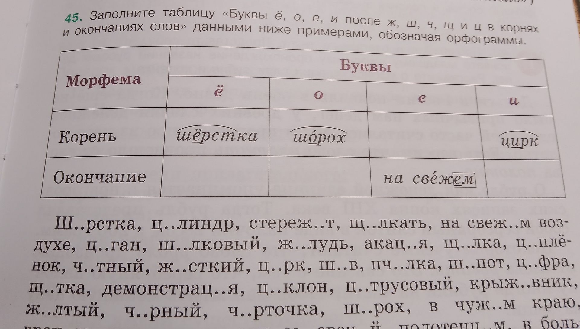 Фото задания: 45. Заполните таблицу «Буквы ё, о, е, и после ж, ш, ч, щ и в корнях и окончаниях слов» данными ниже примерами, обозначая…