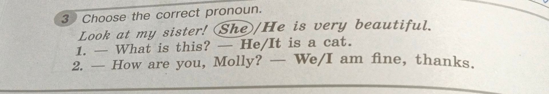 Фото задания: Choose the correct pronoun. Look at my sister! She/He is very beautiful. 1. — What is this? — He/It is a cat. 2. — How are…