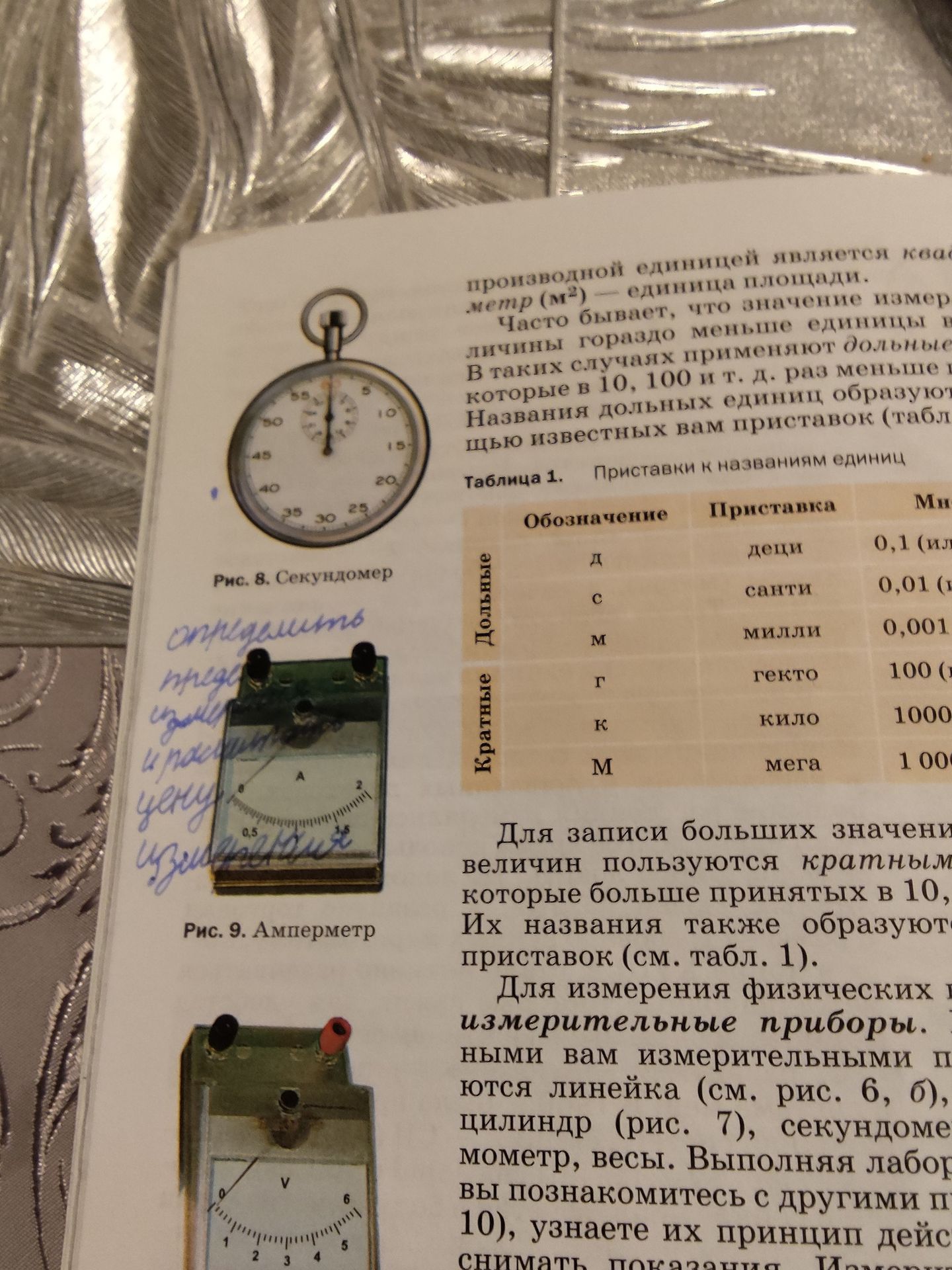 Фото задания: На фотографии изображена страница учебника с рисунками 8 «Секундомер» и 9 «Амперметр», а также частью рисунка вольтметра и…