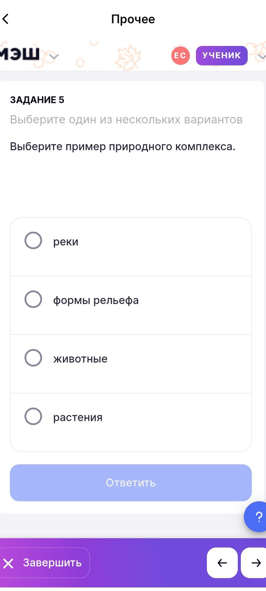 Фото задания: Выберите пример природного комплекса. Варианты: реки; формы рельефа; животные; растения.
