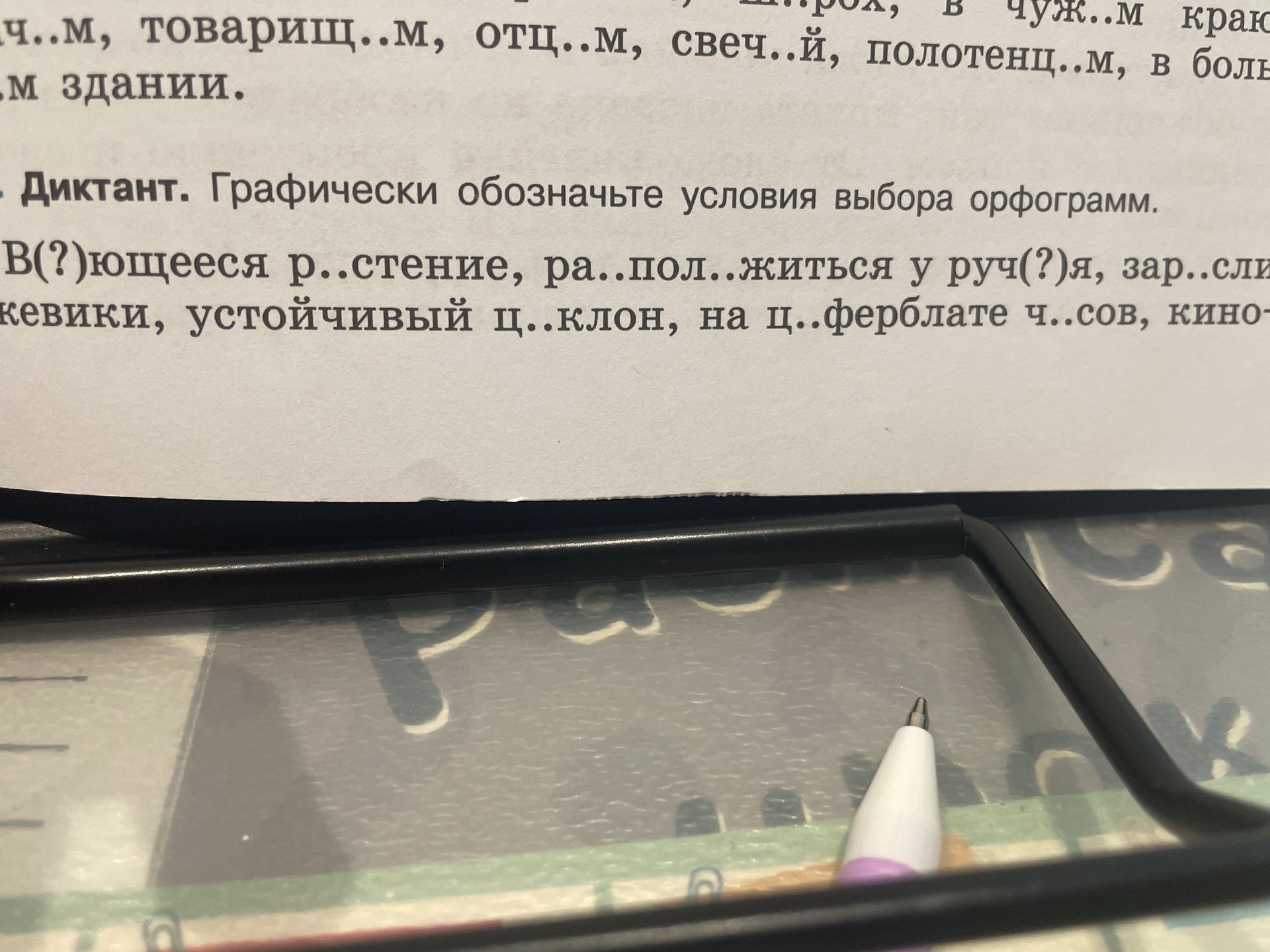 Фото задания: Диктант. Графически обозначьте условия выбора орфограмм. В(?)юшееся растение, р..стение, ра..пол..житься у руч(?)я,…