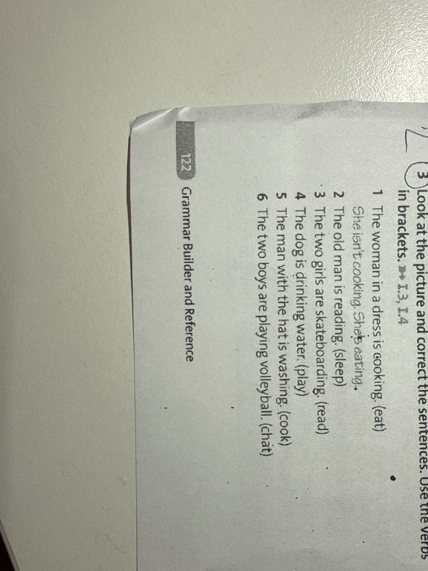 Фото задания: Look at the picture and correct the sentences. Use the verbs in brackets. 1. The woman in a dress is cooking. (eat) 2. The…