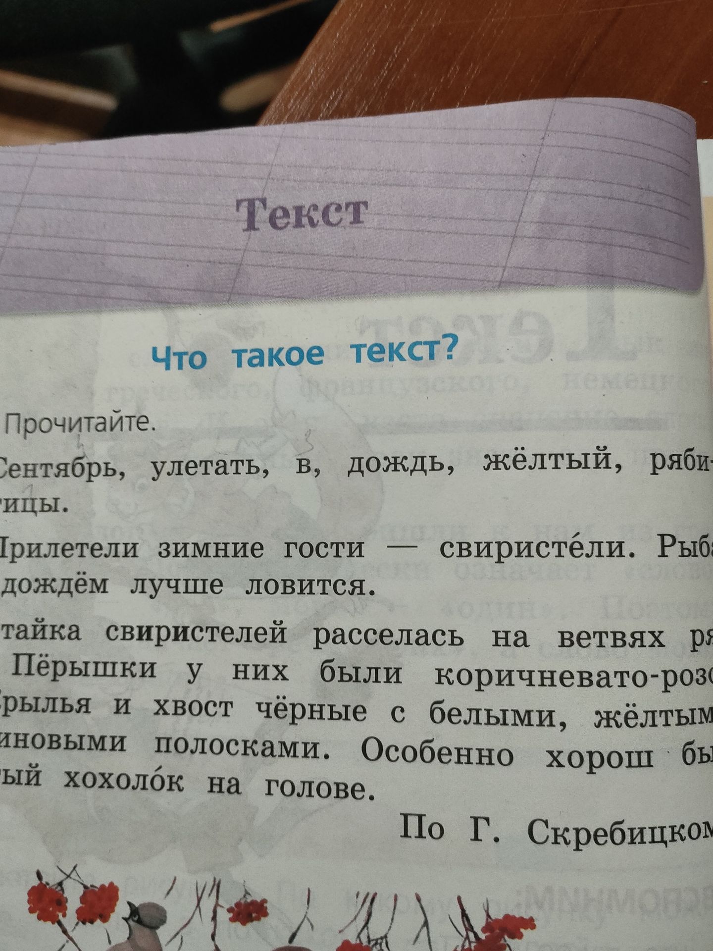 Фото задания: Что такое текст? Прочитайте отрывок о свиристелях.