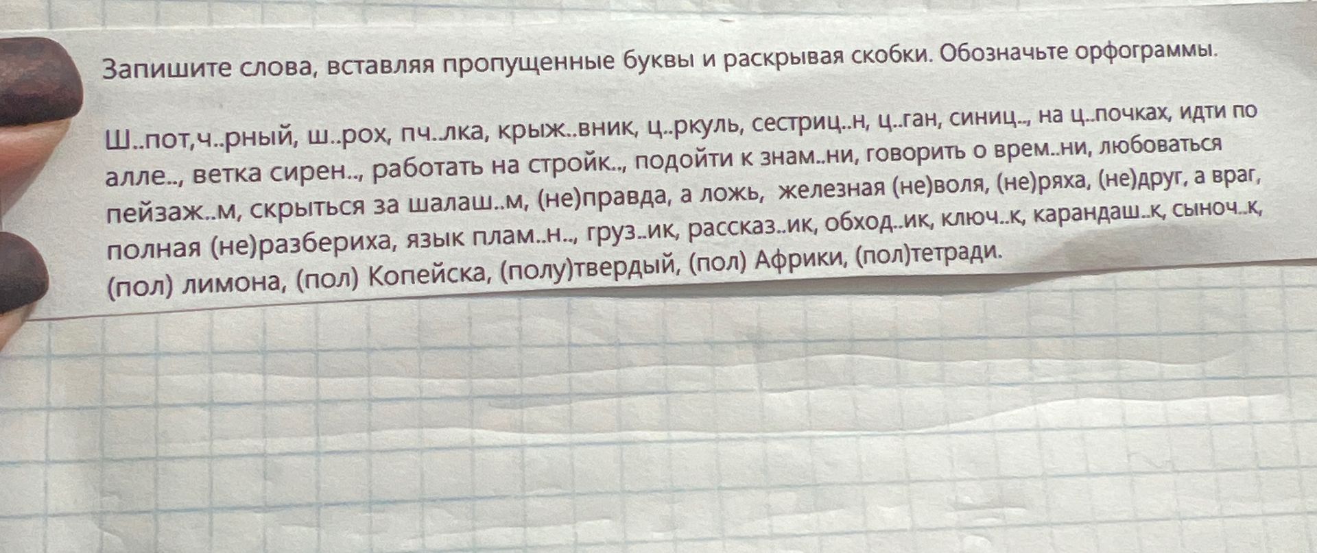 Фото задания: Запишите слова, вставляя пропущенные буквы и раскрывая скобки. Обозначьте орфограммы: ш...пот, ч...рный, ш...рох, пч...лка,…