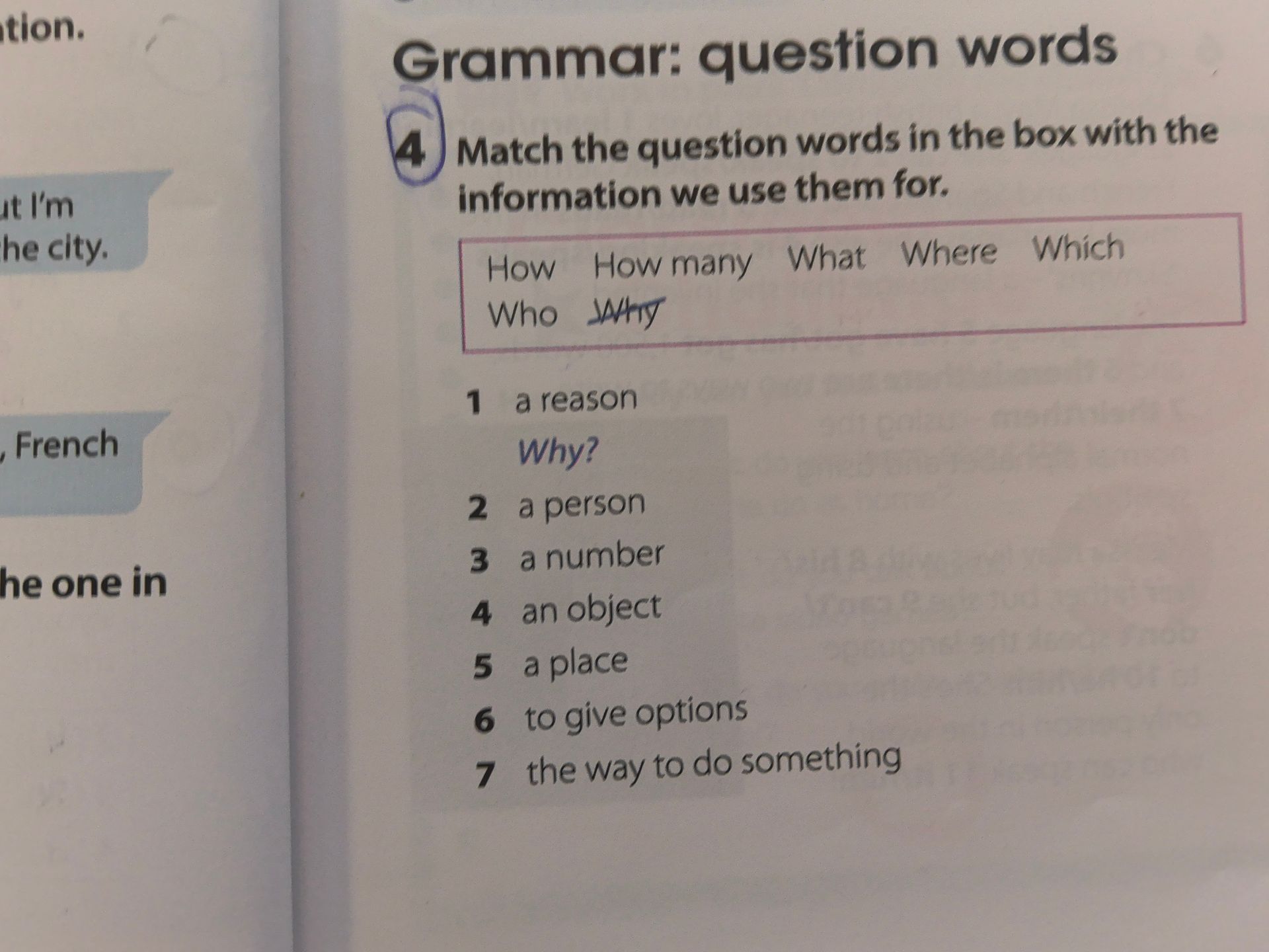 Фото задания: 4) Match the question words in the box with the information we use them for. Question words: How, How many, What, Where,…
