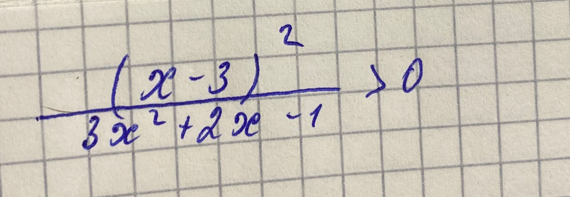 Фото задания: \(\left(\frac{x-3}{3x^2+2x-1}\right)^2>0\)