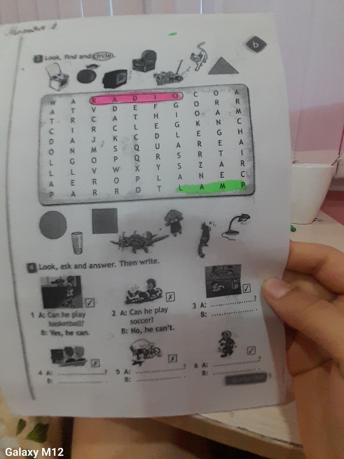Фото задания: A. Look, find and circle. Find the names of the objects in the word search.