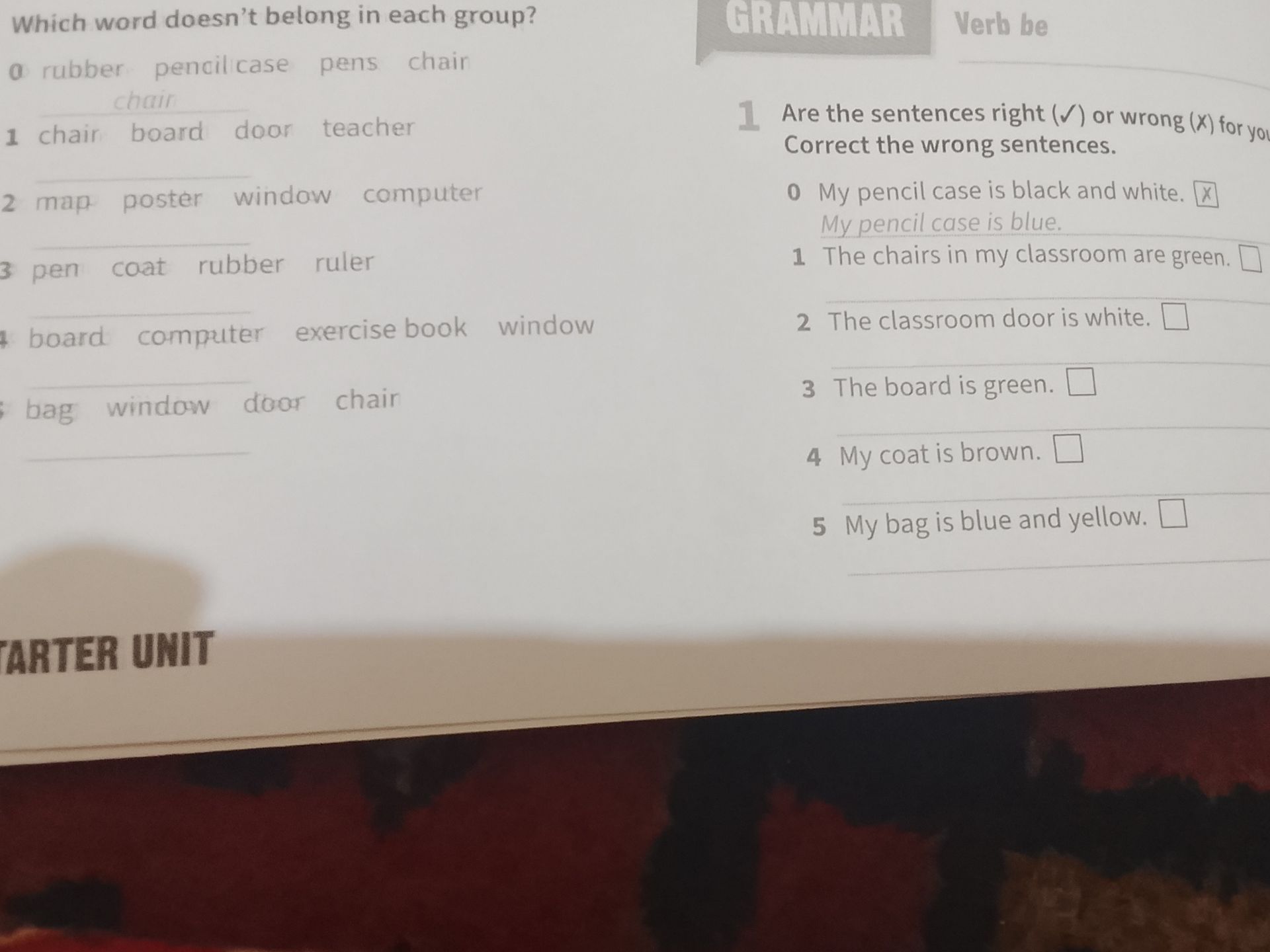 Фото задания: Are the sentences right (✓) or wrong (✗) for you? Correct the wrong sentences. 0 My pencil case is black and white. 1 The…