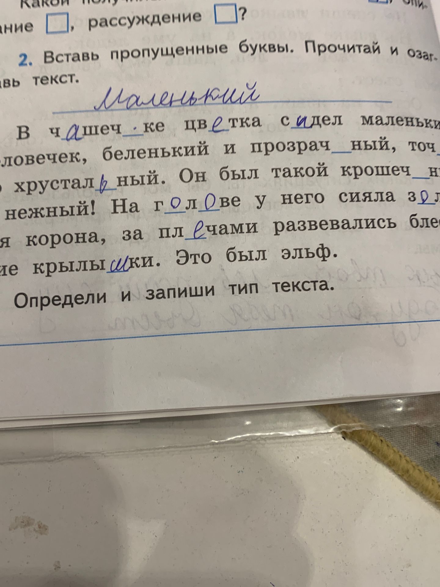 Фото задания: 2. Вставь пропущенные буквы. Прочитай и озаглавь текст. Определи и запиши тип текста.