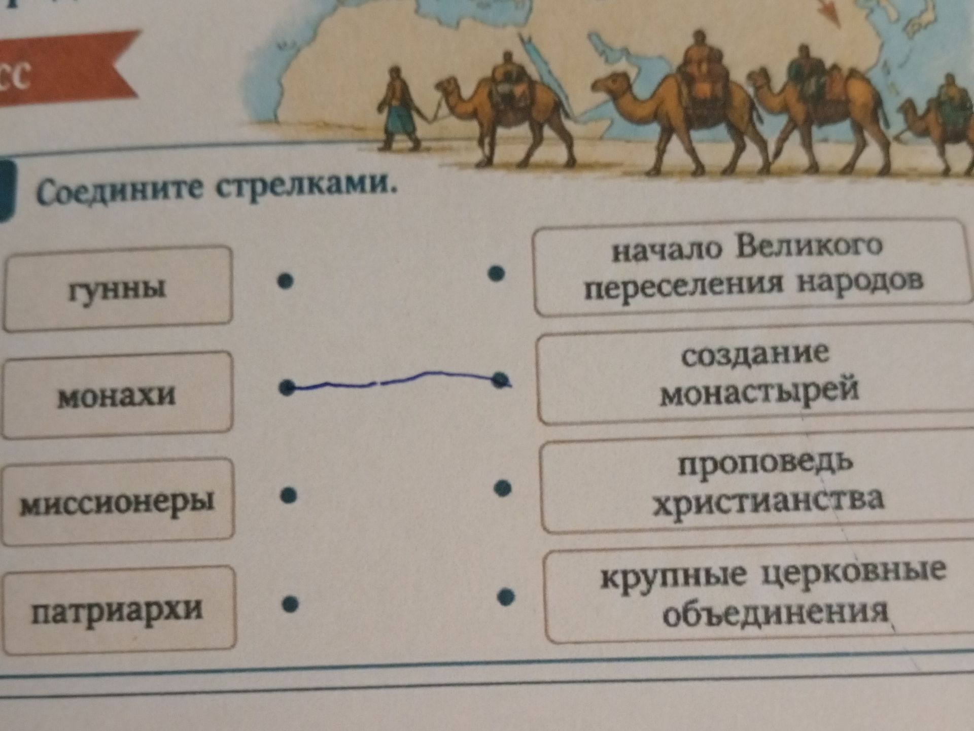 Фото задания: Соедините стрелками: гунны; монахи; миссионеры; патриархи — начало Великого переселения народов; создание монастырей;…