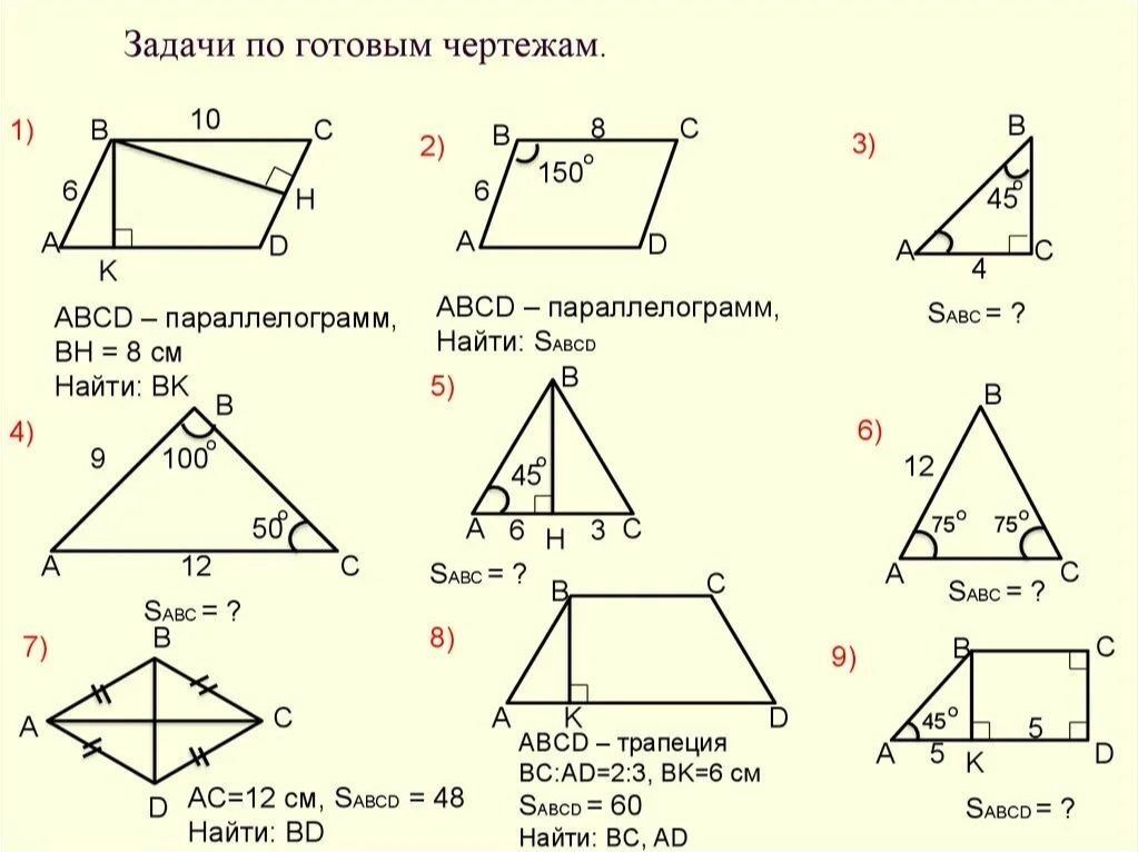 Фото задания: 2) ABCD — параллелограмм. AB = 6 см, BC = 8 см, ∠B = 150°. Найти: S₍ABCD₎.