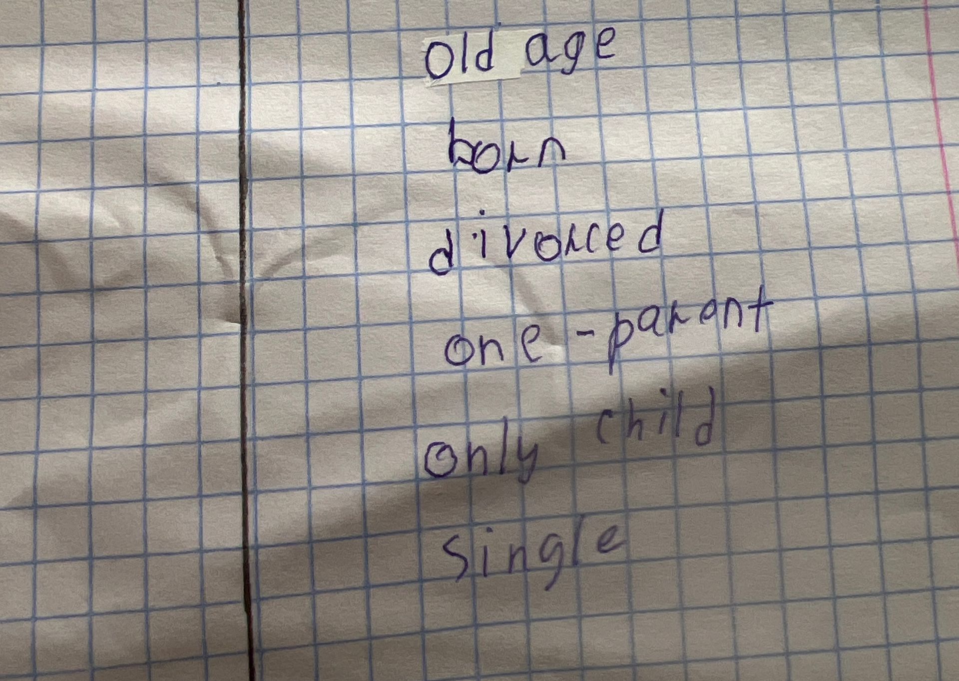 Фото задания: На изображении записаны слова и фразы: “Old age”, “born”, “divorced”, “one-parent”, “only child”, “single”. Явного задания…