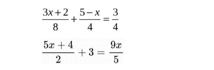 Фото задания: Решите уравнение: \(\frac{3x+2}{8}+\frac{5-x}{4}=\frac{3}{4}\).