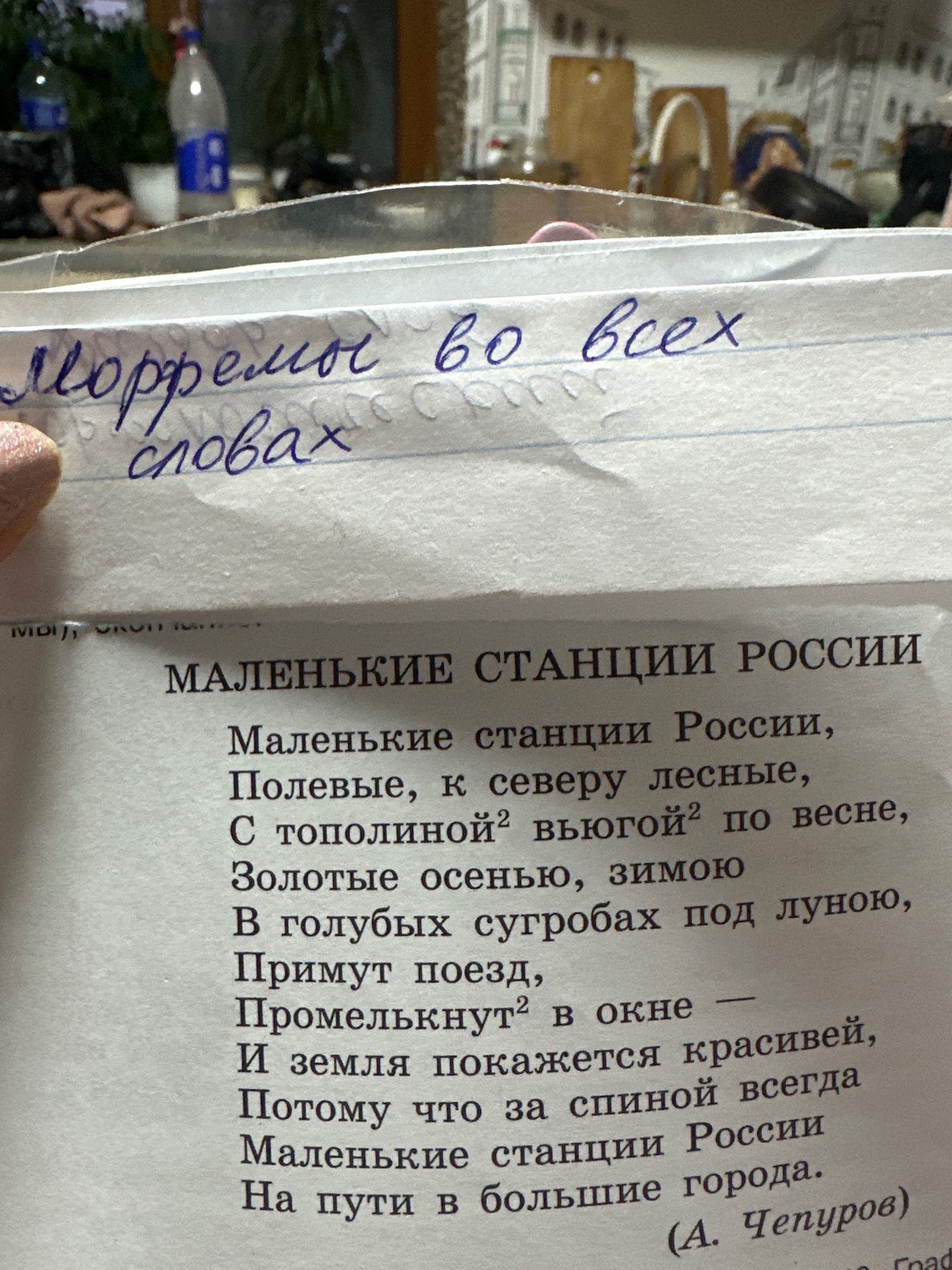 Фото задания: На фотографии изображён фрагмент стихотворения А. Чехлова «Маленькие станции России» и рукописная помета: «… подчеркнуть во…