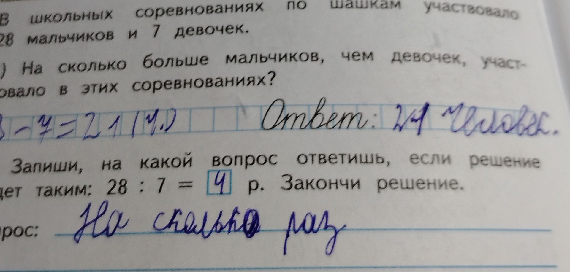 Фото задания: В школьных соревнованиях по шашкам участвовало 28 мальчиков и 7 девочек. На сколько больше мальчиков, чем девочек,…