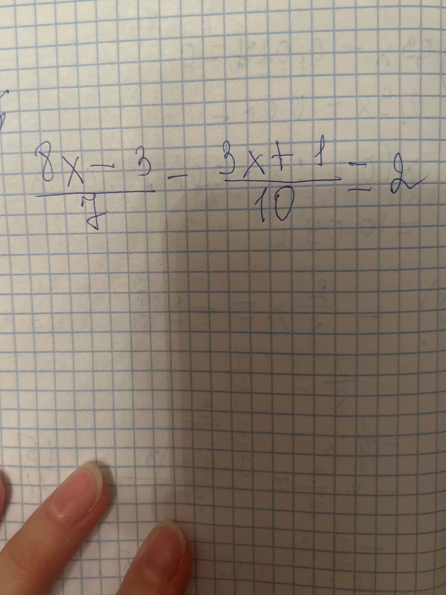 Фото задания: Решите уравнение: \(\frac{8x-3}{4}-\frac{3x+1}{10}=-2\).