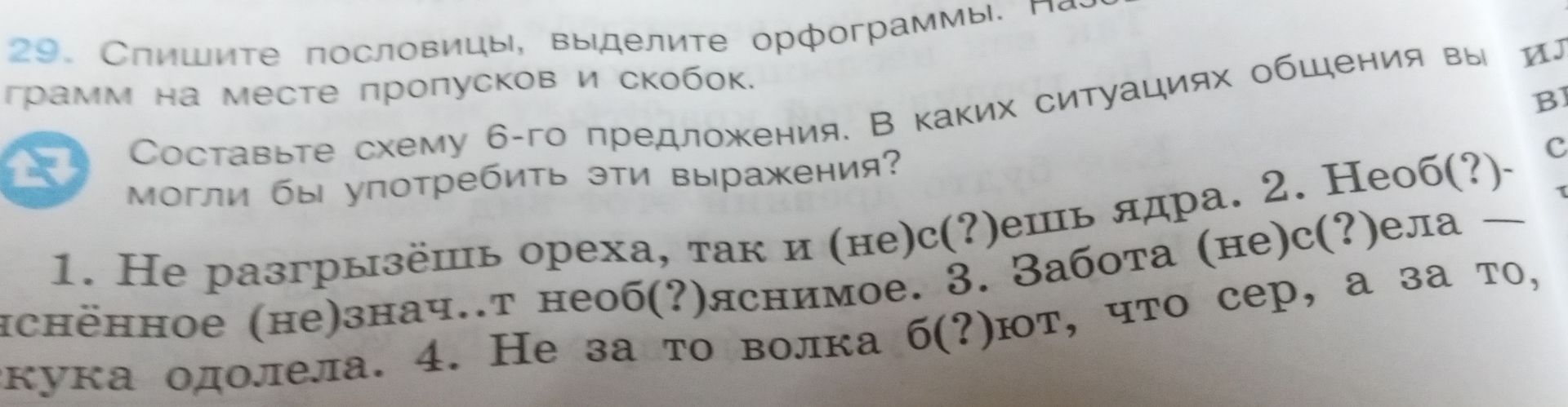Фото задания: 29. Спишите пословицы, выделите орфограммы. Назовите орфограммы на месте пропусков и скобок. 1. Не разгрызёшь ореха, так и…
