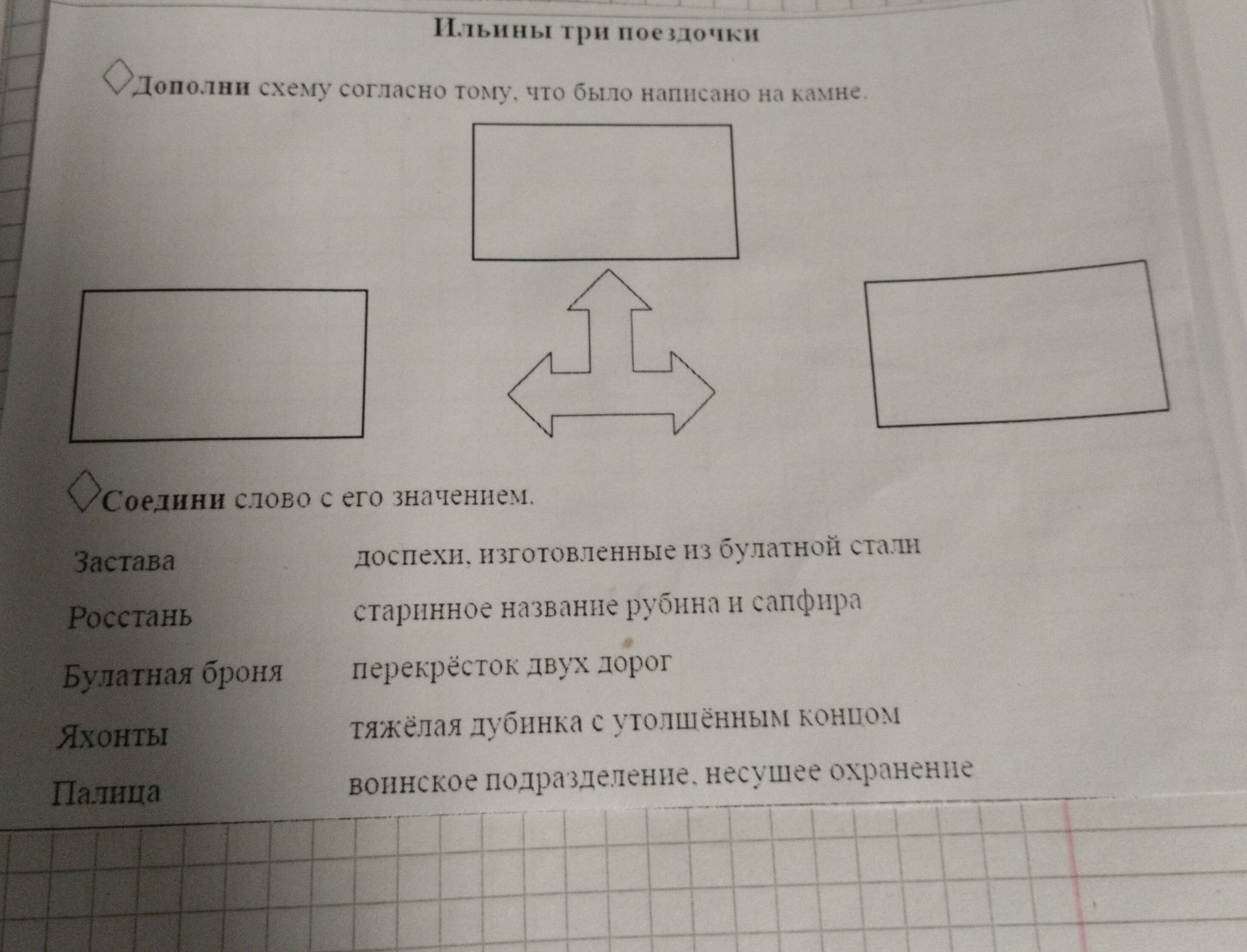 Фото задания: Соедини слова с его значением: Застава; Ростань; Булатная броня; Яхонты; Палица. Значения: доспехи, изготовленные из булатной…