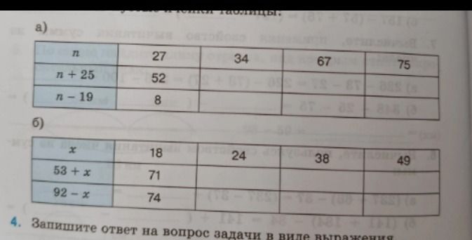 Фото задания: 3. Заполните таблицы. а) Для значений n: 27, 34, 67, 75 найдите n + 25 и n − 19. б) Для значений x: 18, 24, 38, 49 найдите 53…
