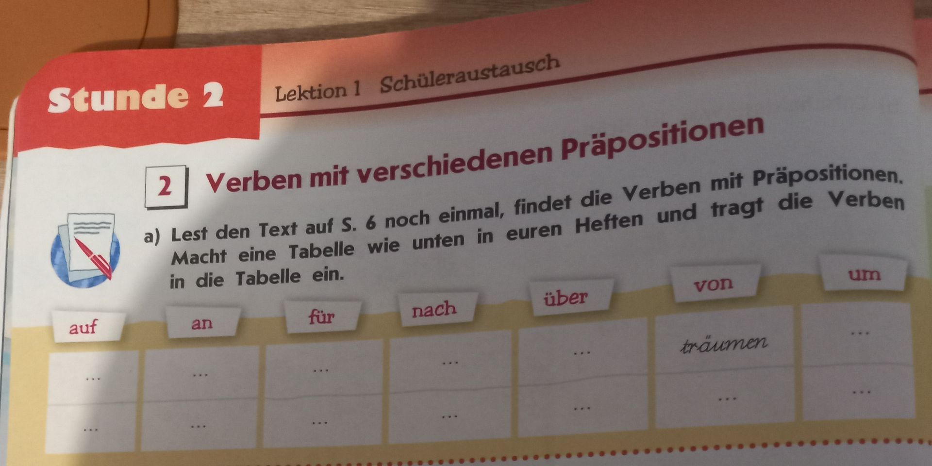 Фото задания: 2 a) Lest den Text auf S. 6 noch einmal, findet die Verben mit Präpositionen. Macht eine Tabelle wie unten in euren Heften…