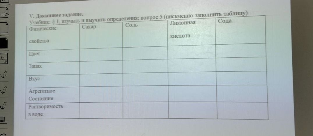 Фото задания: Заполнить таблицу физических свойств веществ: сахар, соль, лимонная кислота, сода. Указать цвет, запах, вкус, агрегатное…