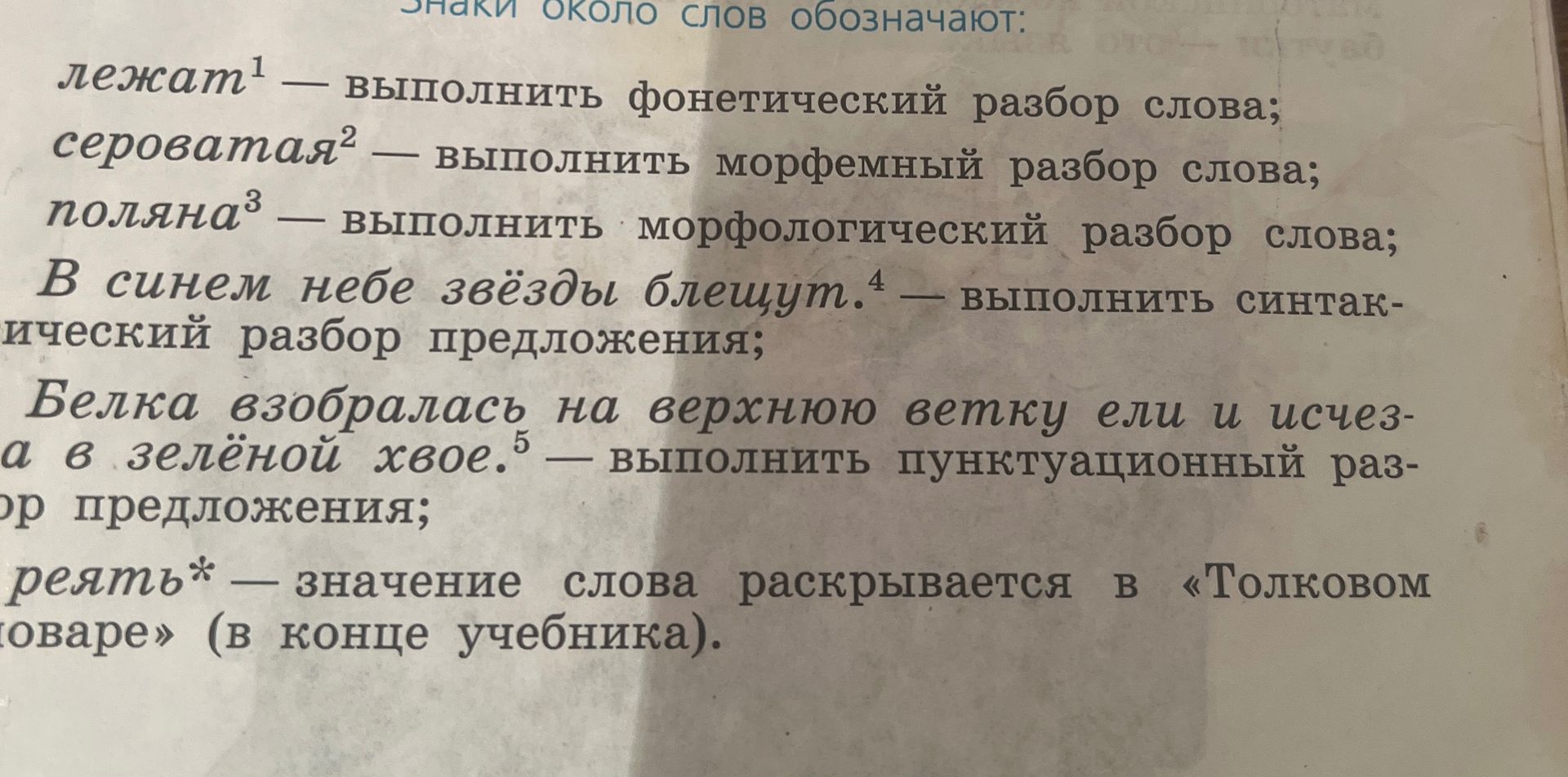 Фото задания: Что обозначают знаки около слов и предложений: «лежать¹», «сероватая²», «поляна³», «В синем небе звёзды блестят.⁴», «Белка…