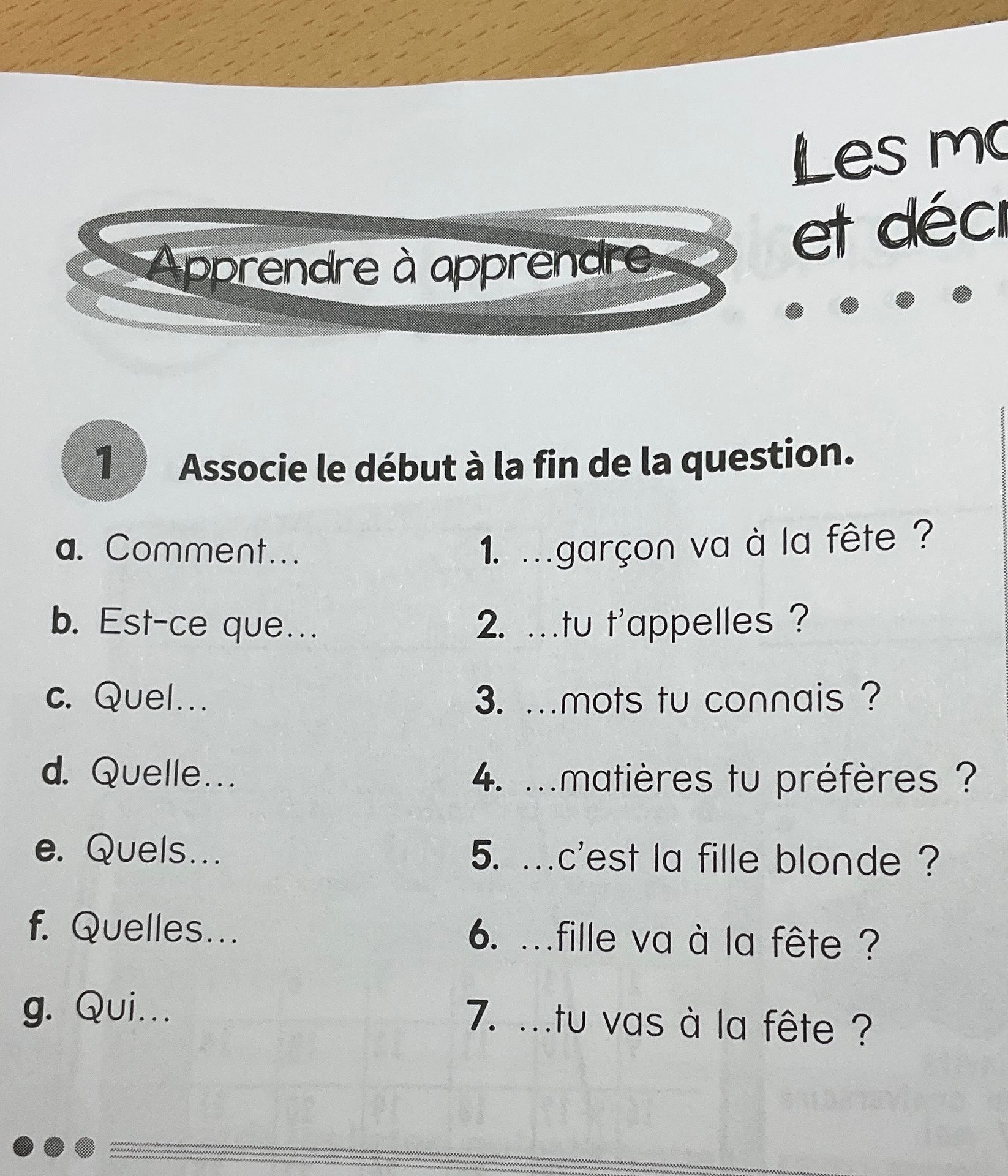 Фото задания: 1. Associe le début à la fin de la question. a. Comment… b. Est-ce que… c. Quel… d. Quelle… e. Quels… f. Quelles… g. Qui……