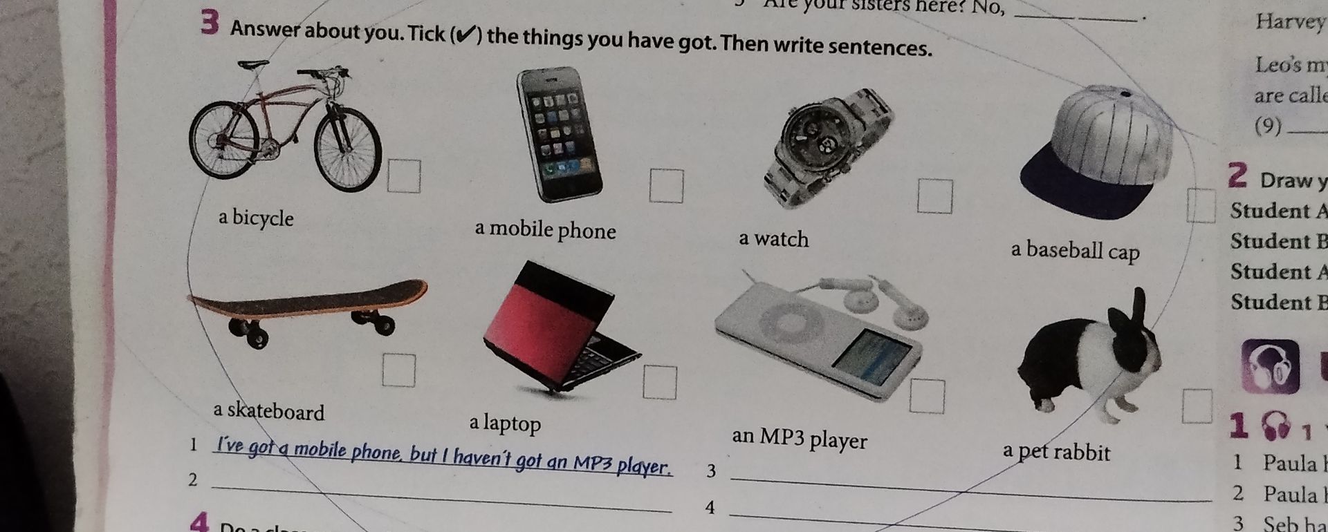 Фото задания: 3. Answer about you. Tick (✓) the things you have got. Then write sentences. a bicycle; a mobile phone; a watch; a baseball…