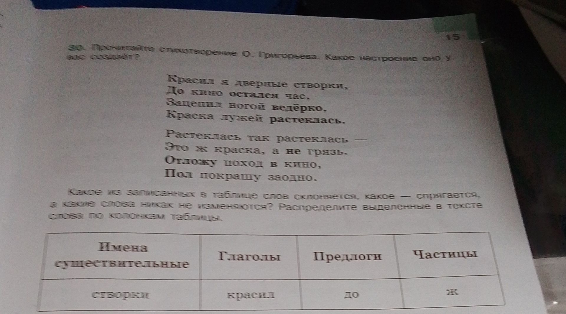 Фото задания: Распределите выделенные в тексте слова по колонкам таблицы: имена существительные, глаголы, предлоги, частицы. Какие слова…