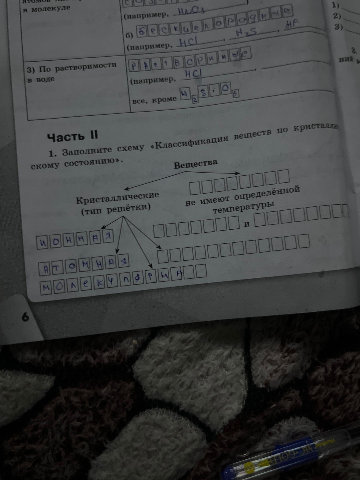 Фото задания: Часть II. 1. Заполните схему «Классификация веществ по кристаллическому состоянию»: Вещества → кристаллические (тип…
