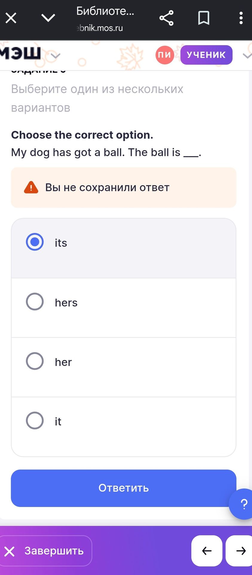 Фото задания: Choose the correct option. My dog has got a ball. The ball is ___. Options: its, hers, her, it