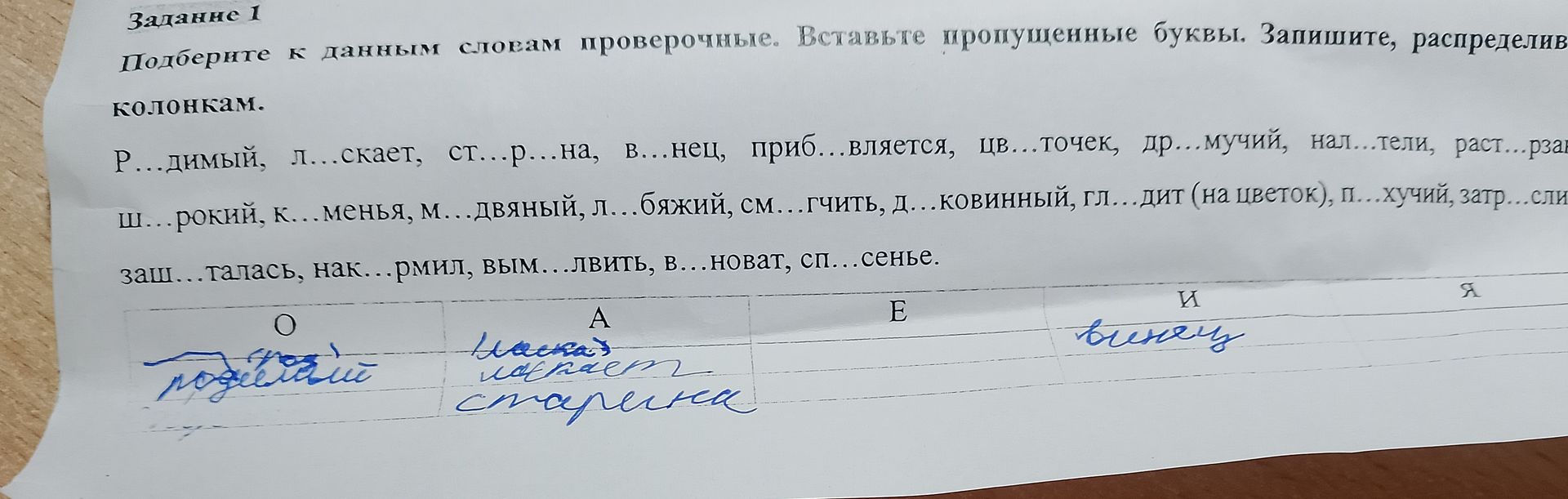 Фото задания: Задание 1. Подберите к данным словам проверочные. Вставьте пропущенные буквы. Запишите слова, распределив их по колонкам:…