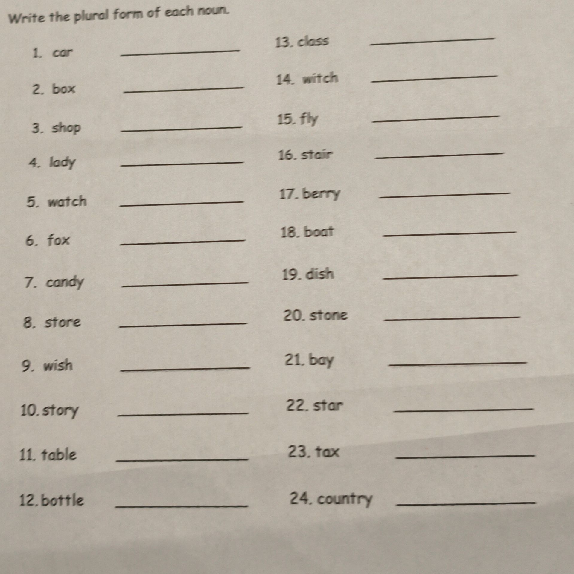 Фото задания: Write the plural form of each noun: 1. car 2. box 3. shop 4. lady 5. watch 6. fox 7. candy 8. store 9. wish 10. story 11.…