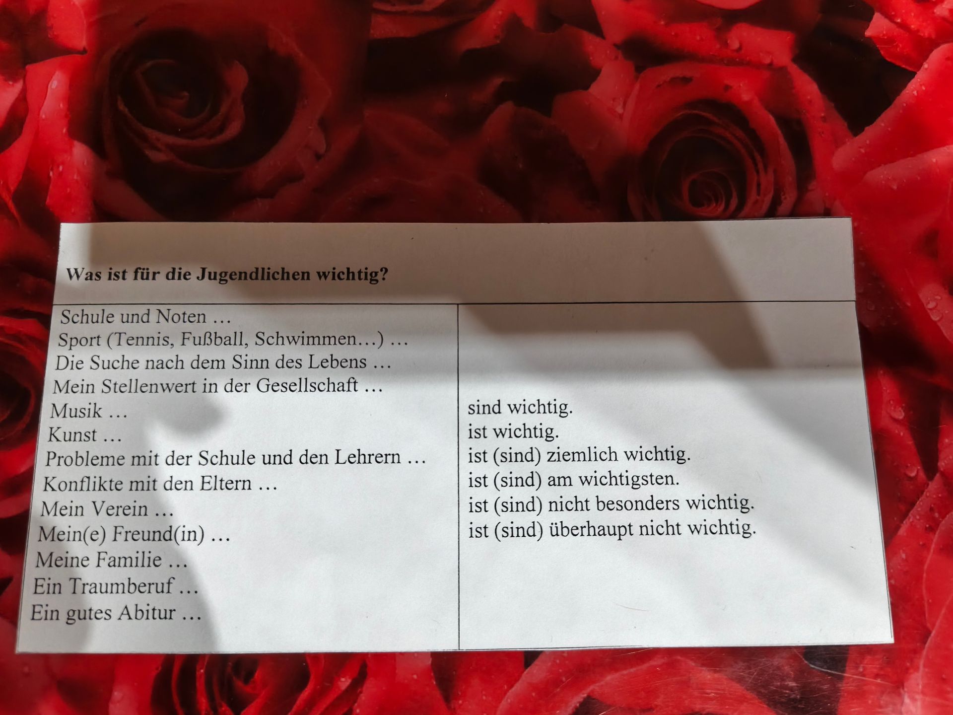 Фото задания: Was ist für die Jugendlichen wichtig? Schule und Noten …; Sport (Tennis, Fußball, Schwimmen …) …; Die Suche nach dem Sinn des…