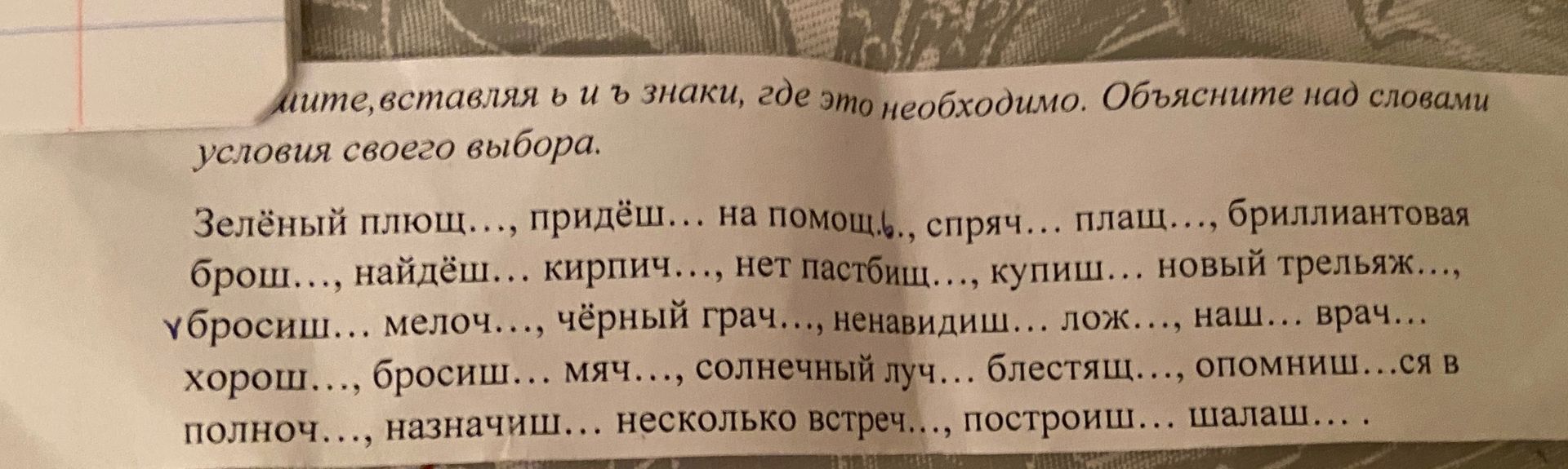 Фото задания: Вставьте, составляя в и ъ знаки, где это необходимо. Объясните над словами условия своего выбора. Зелёный плющ…, придёшь……
