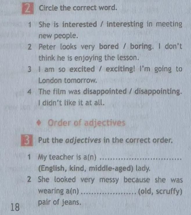 Фото задания: 2. Circle the correct word. 1) She is interested / interesting in meeting new people. 2) Peter looks very bored / boring. I…