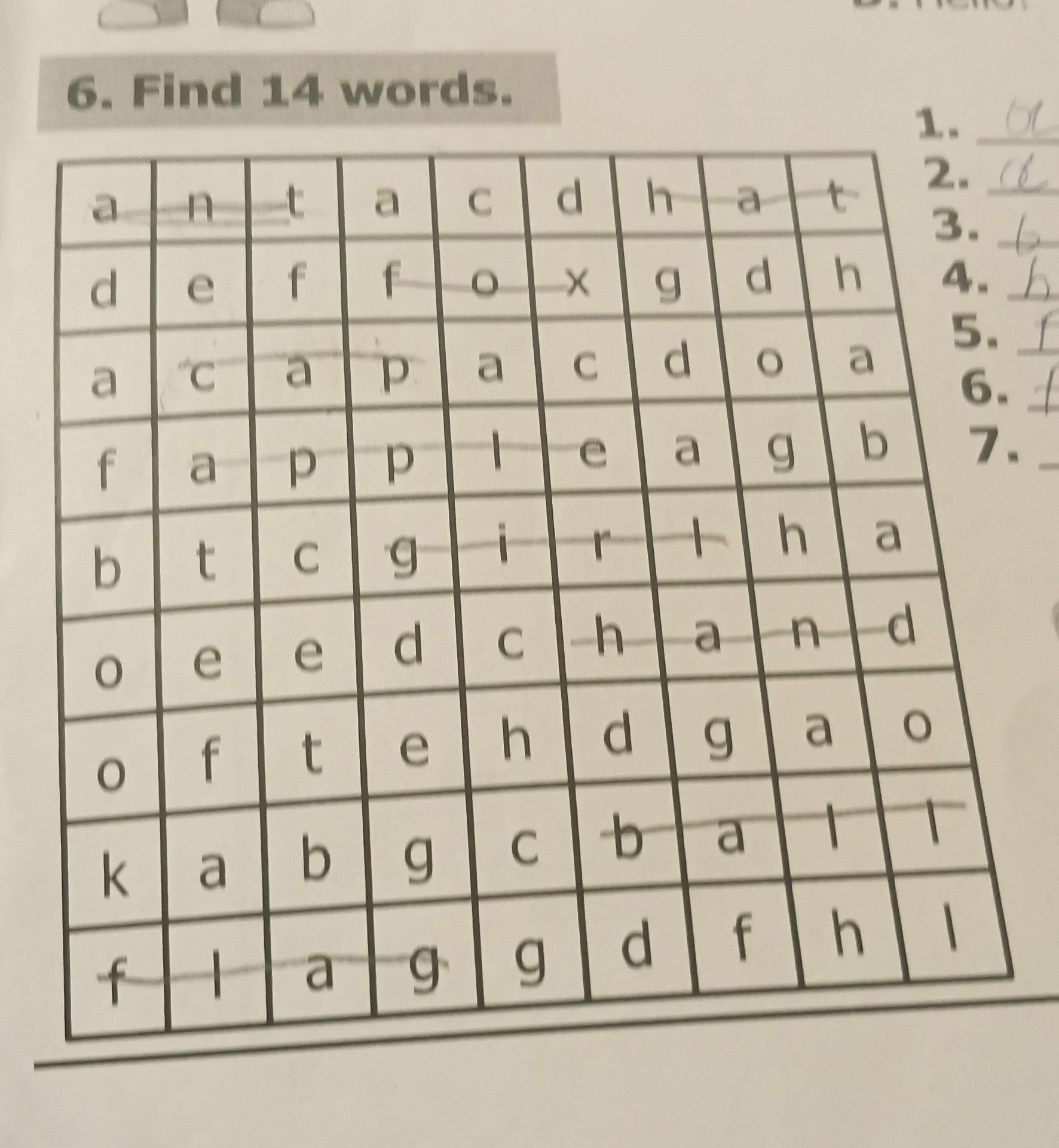 Фото задания: G. Find 14 words. [Список слов справа обрезан на фотографии.]