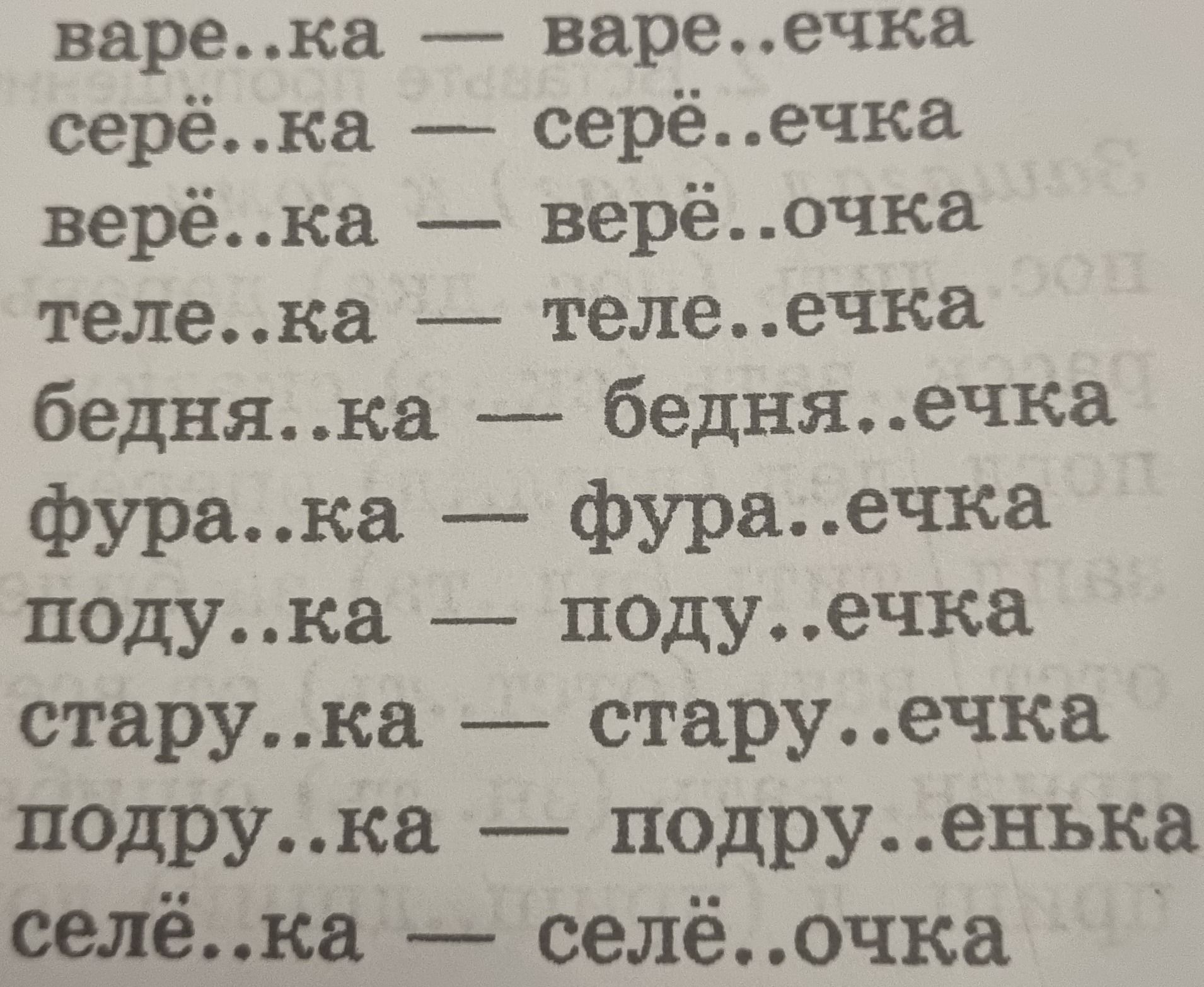 Фото задания: Вставьте пропущенные буквы: варе..ка — варе..ечка; серё..ка — серё..ечка; верё..ка — верё..очка; телё..ка — телё..ечка;…