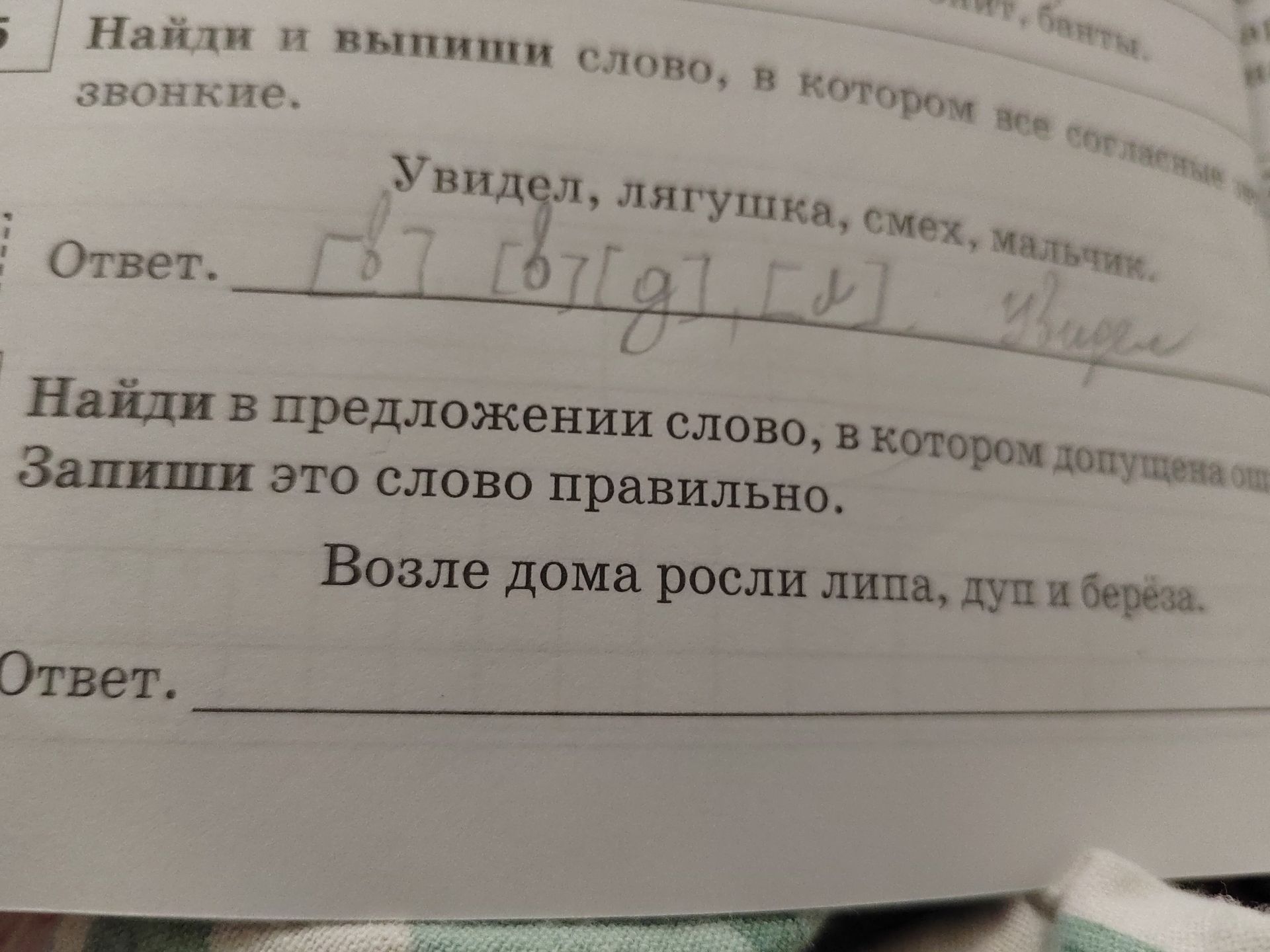Фото задания: Найди и выпиши слово, в котором все согласные звуки звонкие: «Увидел, лягушка, смех, мальчика».