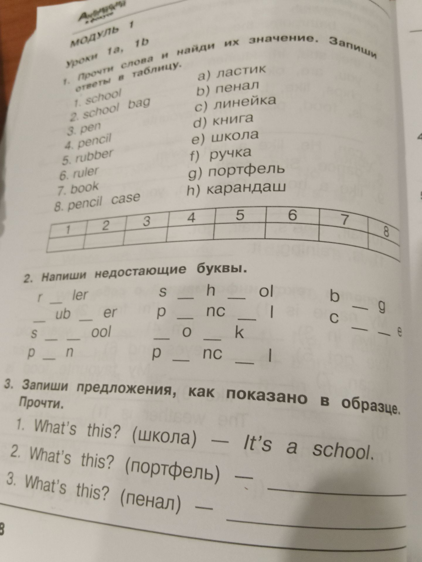 Фото задания: 1. Прочитай слова и найди их значение. Запиши ответы в таблицу: 1) school, 2) school bag, 3) pen, 4) pencil, 5) rubber, 6)…