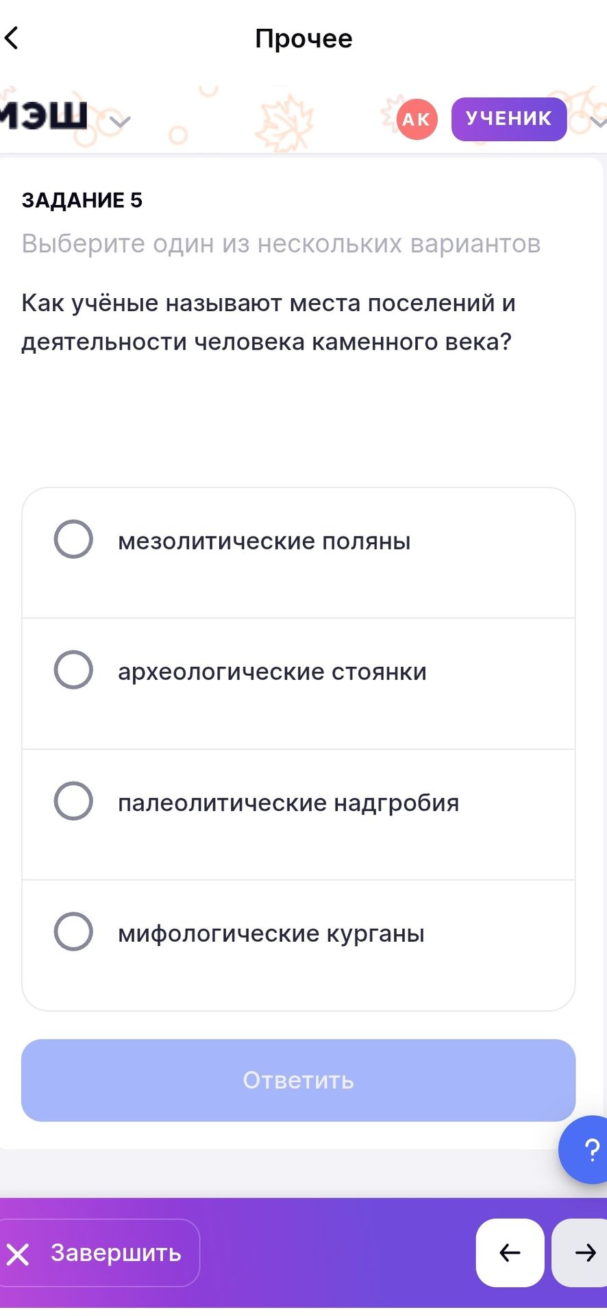 Фото задания: Как учёные называют места поселений и деятельности человека каменного века? Варианты: мезолитические поляны;…