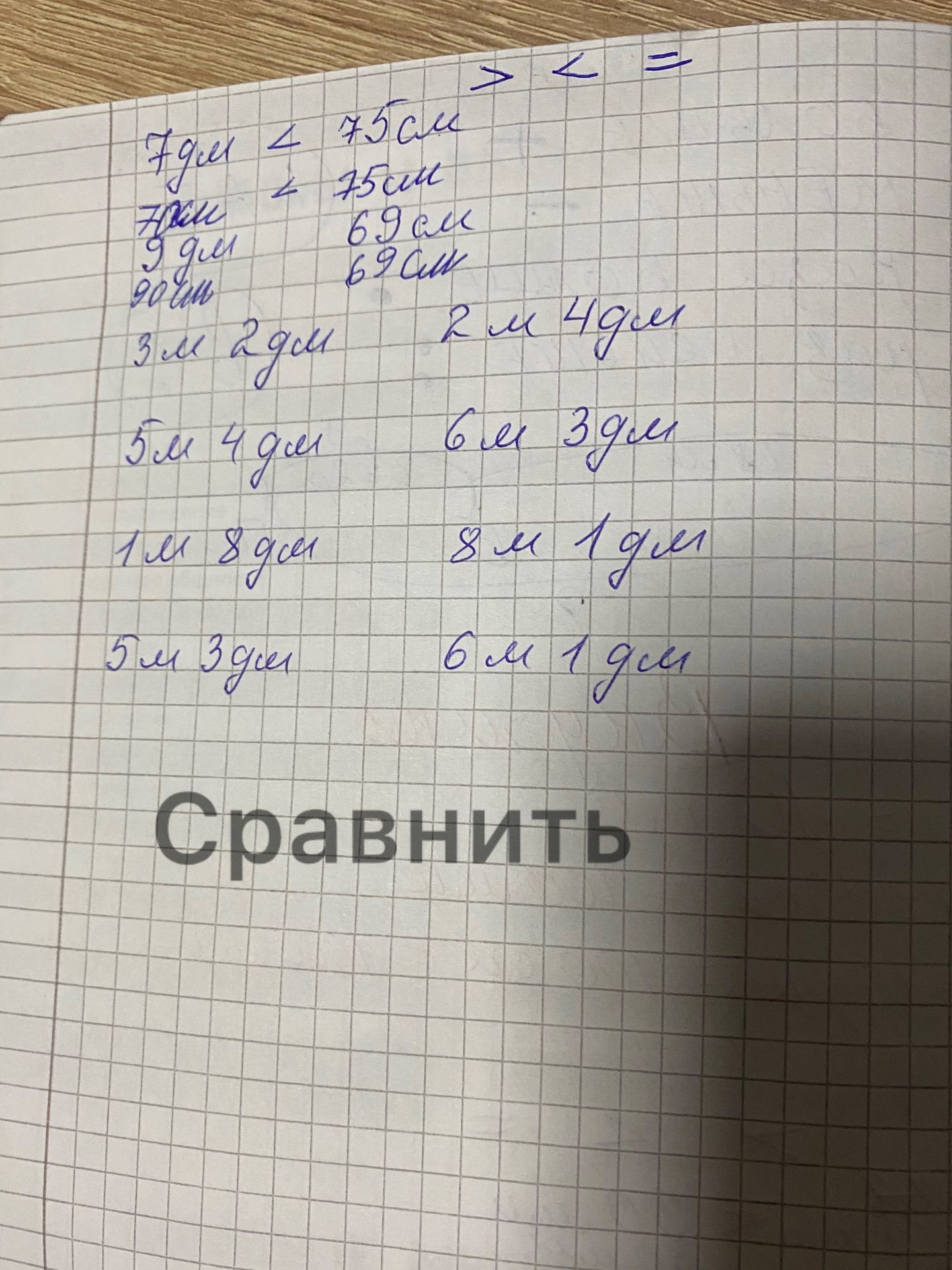 Фото задания: Сравнить величины, вставив знаки сравнения: 7 дм и 75 см; 7 дм и 75 см; 9 дм и 69 см; 20 дм и 62 см; 3 см 2 дм и 2 м 49 см; 5…