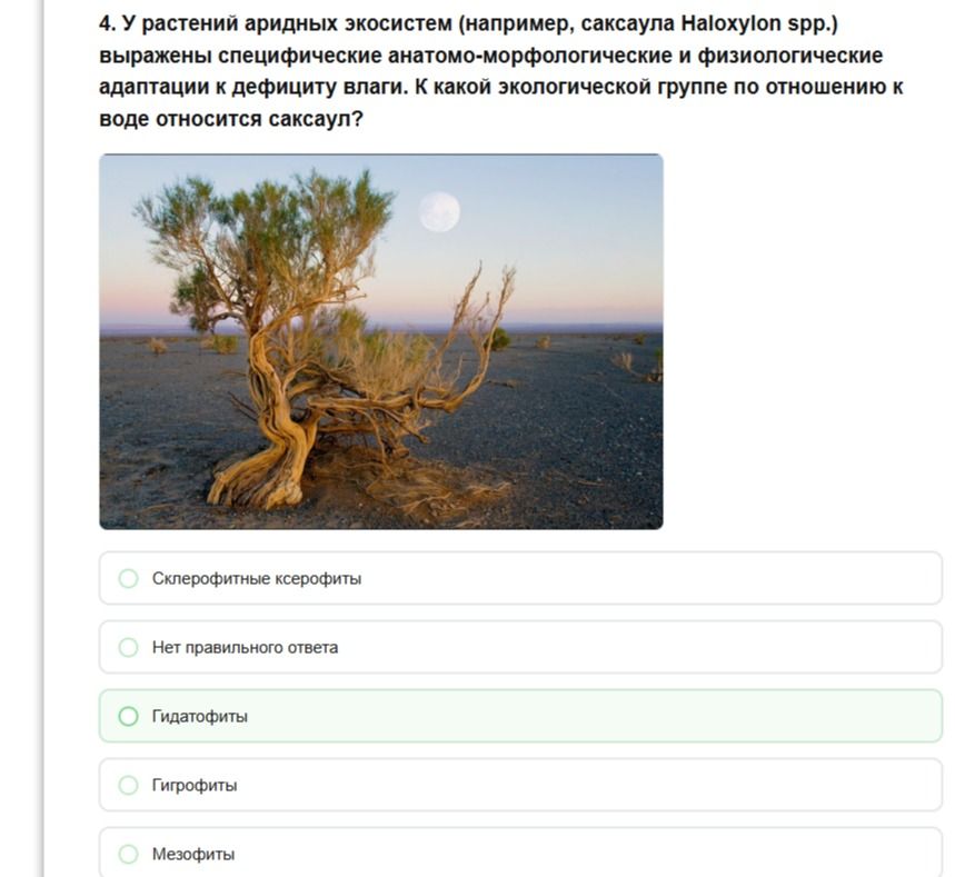 Фото задания: У растений аридных экосистем (например, саксаула Haloxylon spp.) выражены специфические анатомо-морфологические и…