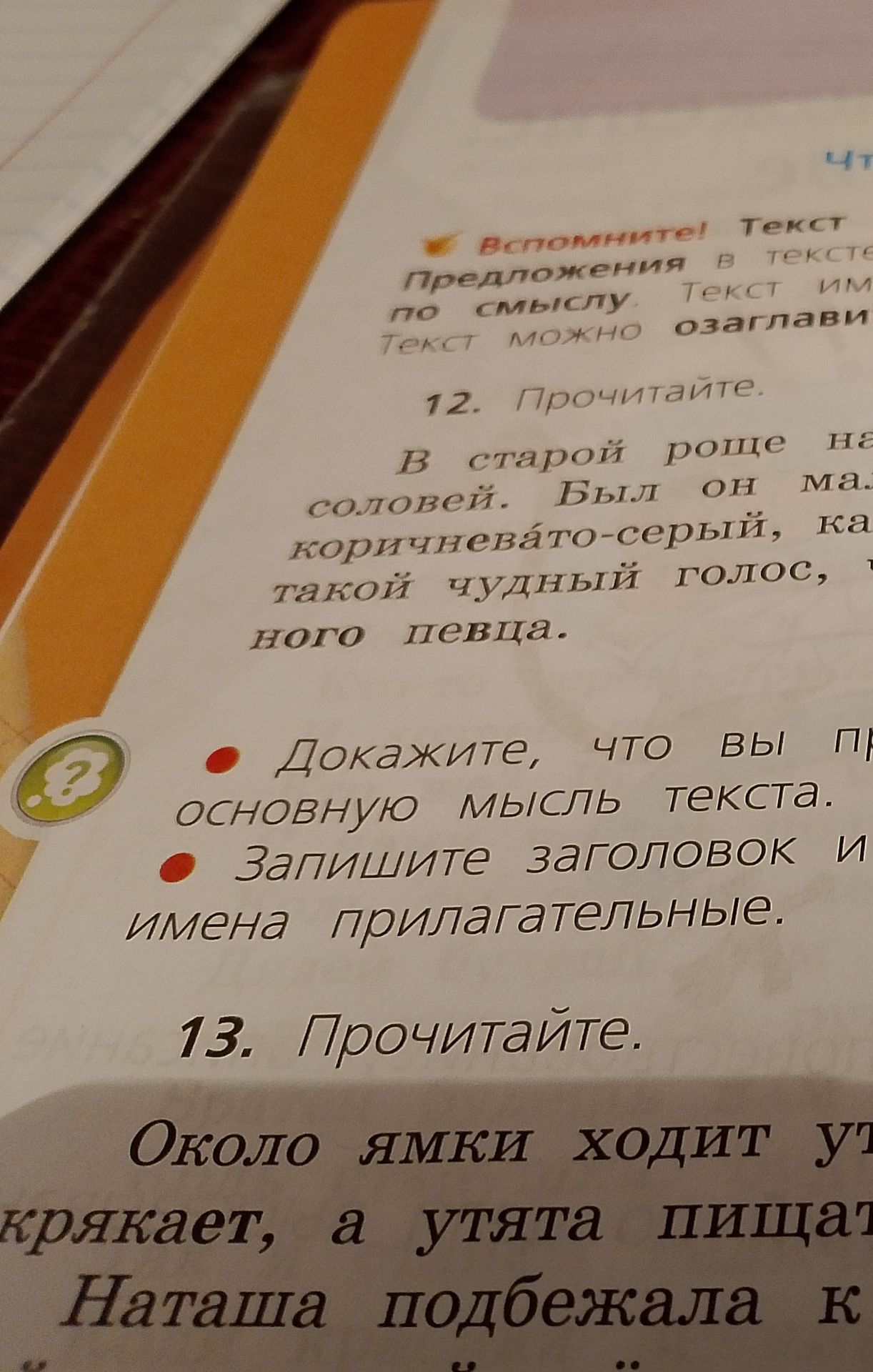Фото задания: 13. Прочитайте. Около ямки ходит ут... крякает, а утята пищат. Наташа подбежала к... [текст обрезан]