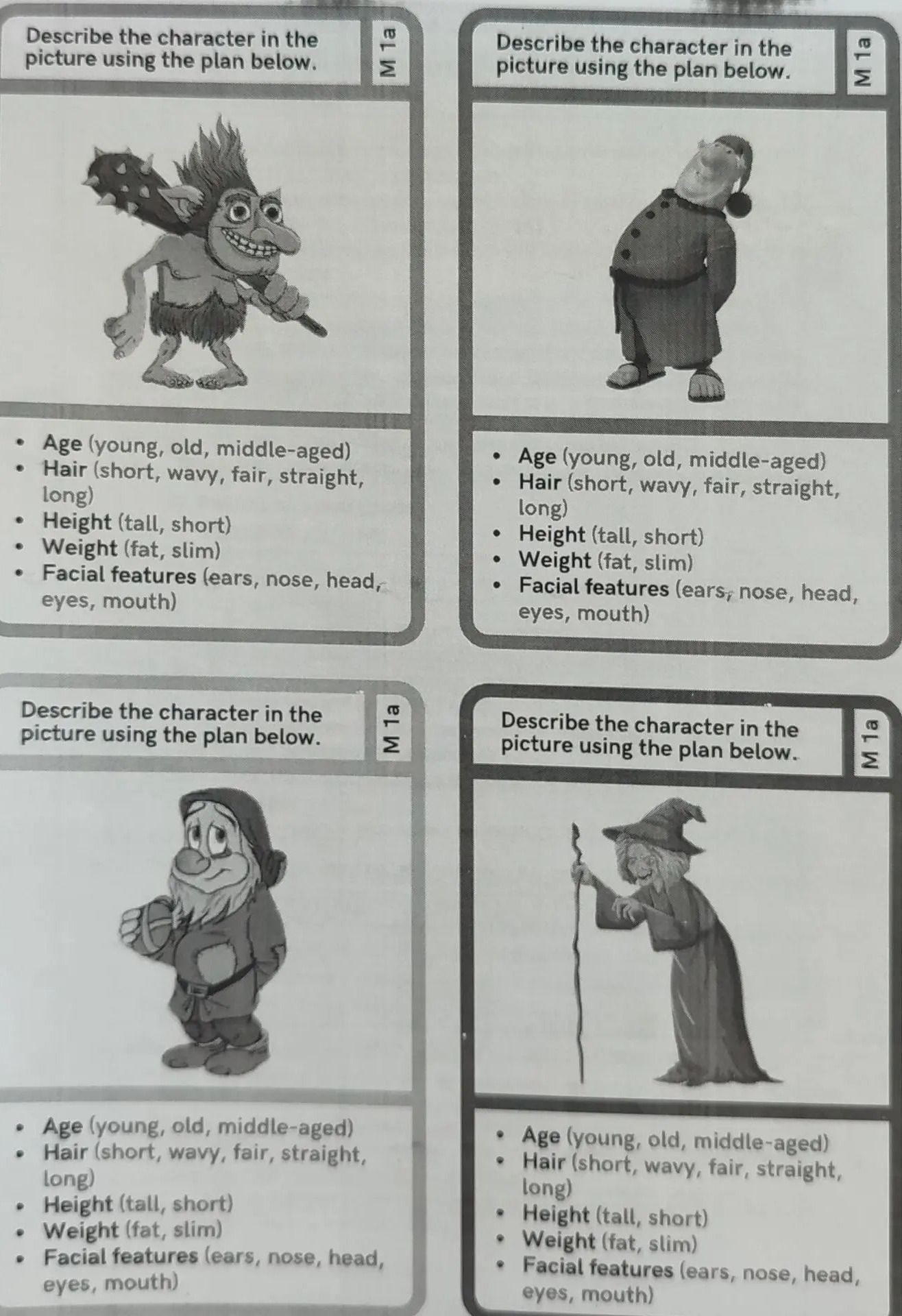 Фото задания: Describe the character in the picture using the plan below: age, hair, height, weight, facial features.