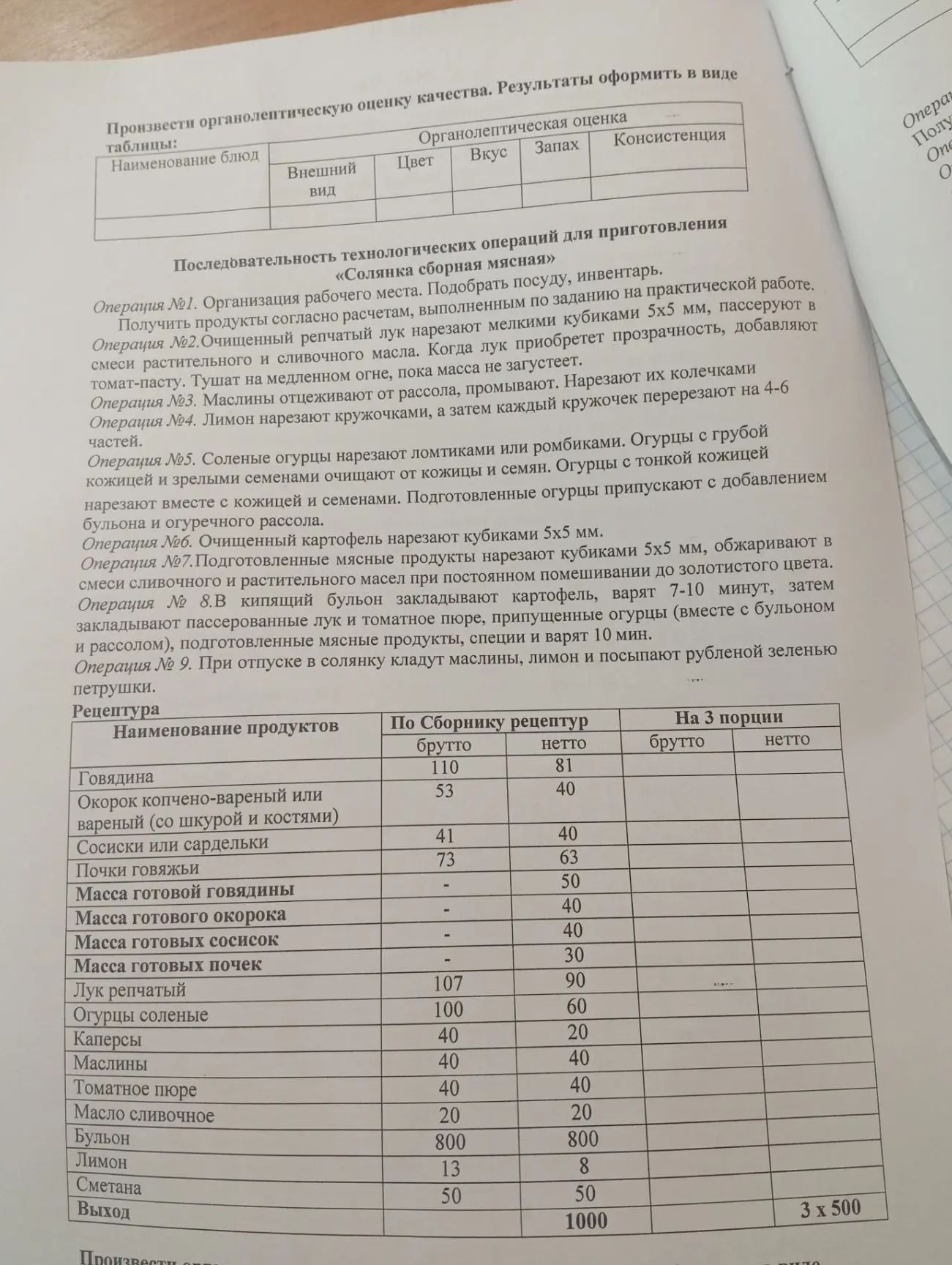 Фото задания: Рассчитать количество продуктов для приготовления «Солянки сборной мясной» на 3 порции по 500 г.