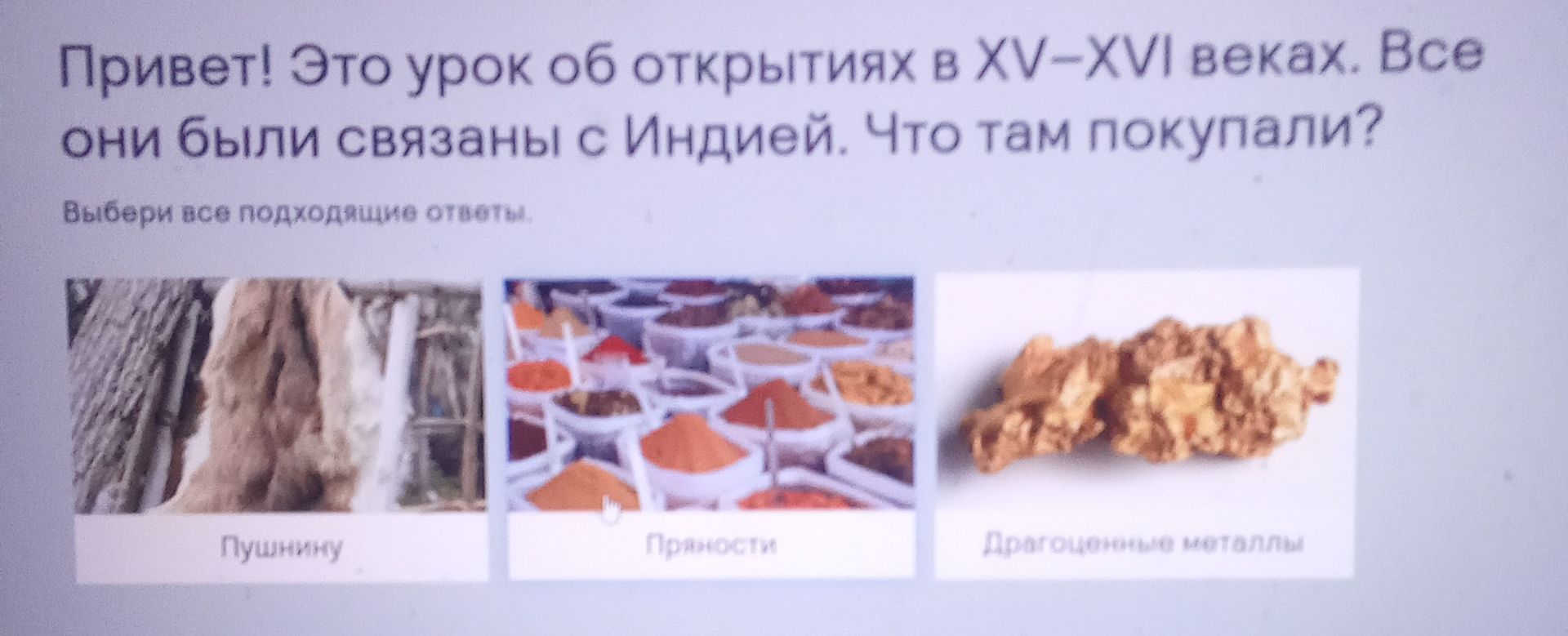 Фото задания: Привет! Это урок об открытиях в XV–XVI веках. Все они были связаны с Индией. Что там покупали? Выбери все подходящие…